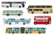 Passenger bus set. Isolated public city, coach, tour, double-decker bus transport icons. Bus vehicles with luggage compartments and bellows. Urban passenger transportation and journey