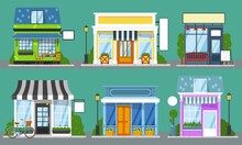 Shop Front Set. Isolated Outdoor Store Facades With Blank Sign Mockup Templates. City Street Cute Building Storefronts With Door, Window, Bench, Table, Lantern. Shop Front Empty Showcase Collection