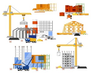 Construction site building set. Tower, truck crane building city, country house. Isolated steel, concrete, wooden structure frame with scaffolding. Construction engineering site, architecture industry