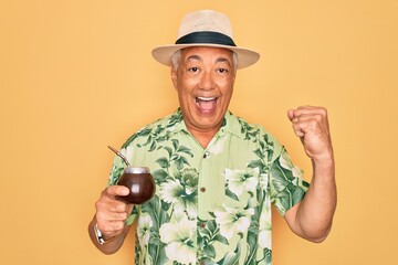 Poster - Middle age senior grey-haired man wearing summer hat drinking traditional mate drink screaming proud and celebrating victory and success very excited, cheering emotion