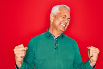 Poster - Middle age senior grey-haired man wearing casual sweater over red isoalted background very happy and excited doing winner gesture with arms raised, smiling and screaming for success. Celebration