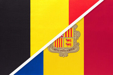 Belgium and Andorra, symbol of two national flags from textile. Championship between two European countries.