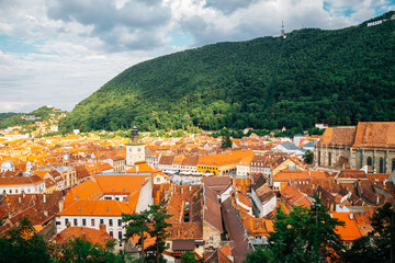 Medieval old town panorama view with Tampa mountain in Brasov, Romania