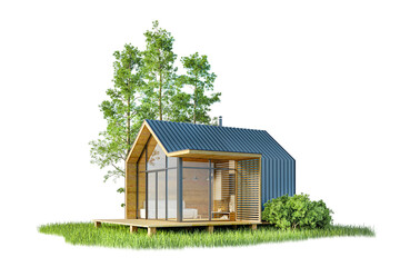 Modern small wooden house in the Scandinavian style barnhouse, with a metal roof and large Windows on an island of greenery with trees. On a white background, isolated, 3D illustration