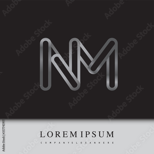 Fotomural initial logo letter NM, linked outline silver colored, rounded logotype