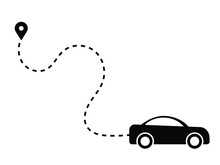 Car Dotted Path Line Driving Away From Destination Journey Trip. Black Illustration Isolated On A White Background. EPS Vector 