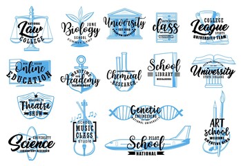 Education and science sketch icons of vector school, university, college, academy letterings. Music, sport, arts and biology classes, mathematics, chemical laboratory research, nautical, pilot school