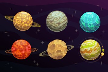 Poster - Fantasy space planets cartoon set of vector game galaxy. Alien universe planets with orbits, asteroids and craters, rings, stars, meteors and colorful landscapes of fantastic surface, fantasy space