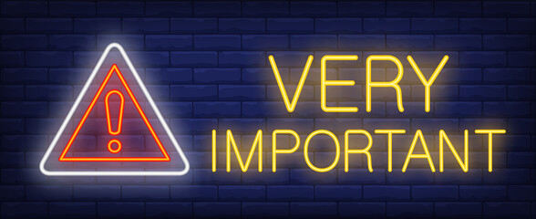 Very important neon text and triangle sign with exclamation mark. Caution design. Night bright neon sign, colorful billboard, light banner. illustration in neon style.