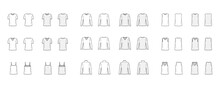 Set Of 9 Tops Technical Fashion Illustration Croqui Front And Back White And Color Style.