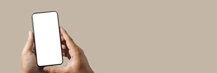 Poster - man using  Mock up a Cell Phone With Blank Screen space banner