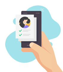 Fototapete - Personal info profile data form with check list document online on mobile phone or internet customer survey interview vector flat illustration, concept of employment or identity check modern image