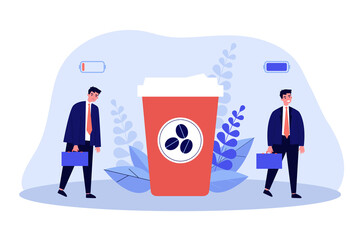 Office worker charging his battery with coffee energy. Business man walking near takeaway coffee cup. Flat vector illustration for caffeine addict, stress, coffee shop concept