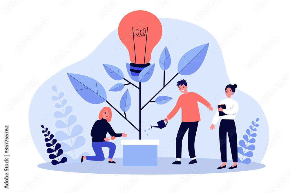 Business team watering innovation plant, growing tree with lightbulb. People having idea for eco future, environment, electricity. Flat vector illustration for teamwork, economy, climate concept - obrazy, fototapety, plakaty 