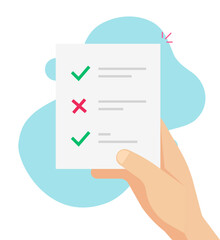 Fototapete - Exam document in pupil hand or survey form with test quiz checklist and success questionnaire results in person holding vector flat cartoon, education check list paper doc icon modern design image