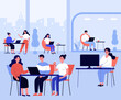 Co-working place concept. Office people using computers at workplaces, tea, meeting together. Flat vector illustration for business, community, work space topics
