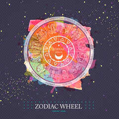 Wall Mural - Modern magic witchcraft Astrology wheel with zodiac signs on watercolor background. Horoscope vector illustration