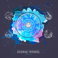 Wall Mural - Modern magic witchcraft Astrology wheel with zodiac signs on watercolor background. Horoscope vector illustration