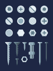 Screw bolt nail set. Fixing self tapping screw bolt with nut top side view construction carpentry nails various types caps hexagon star diagonal round. Vector realistic style.