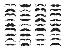 Mustache Silhouette Set. Stylish Look Black Mustache Curly Horseshoe Imperial Pencil English Pyramid Italian Narrow French, Walrus Brush, Male Hipster Modern Fashion. Silhouette Vector Clipart.