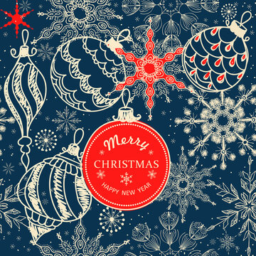 Merry Christmas, Happy New Year greeting card with Christmas trees and lettering. Brochure, poster templates in Christmas style. Beautiful design and layout. Seamless winter background. Vector