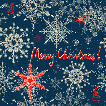 Merry Christmas, Happy New Year greeting card with Christmas trees and lettering. Brochure, poster templates in Christmas style. Beautiful design and layout. Seamless winter background. Vector