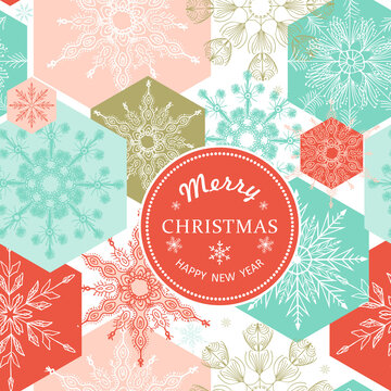 Merry Christmas, Happy New Year greeting card with Christmas trees and lettering. Brochure, poster templates in Christmas style. Beautiful design and layout. Seamless winter background. Vector