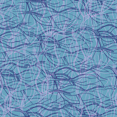 Abstract sea waves seamless pattern. Weaving wavy hand-drawn blue texture for fabric, tile, bedding.