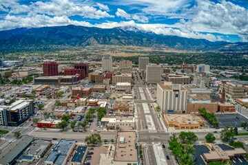 downtown colorado springs with rocky mountains and pike's peak