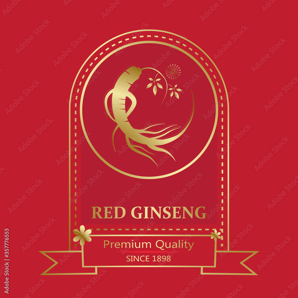Korean or Chinese red ginseng root, Text label in Korean cultivated ...