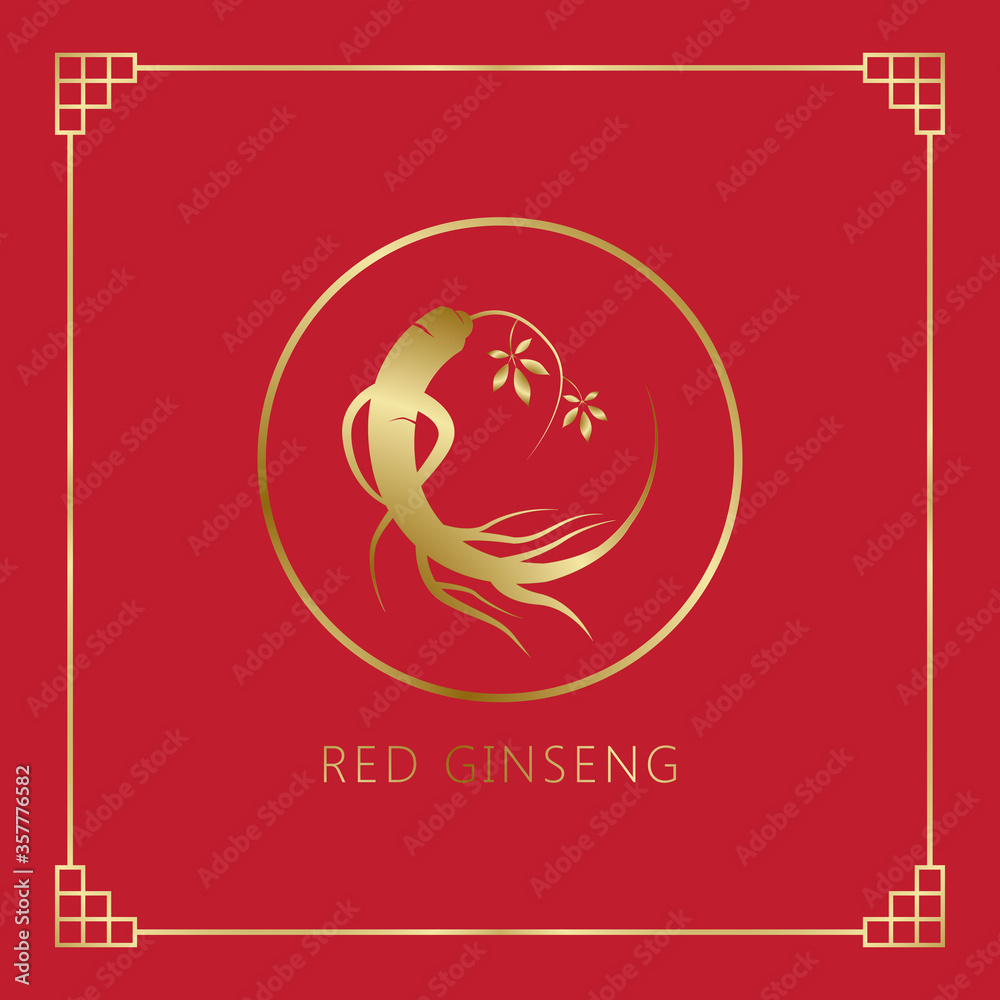 Korean or Chinese red ginseng root, Text label in Korean cultivated ...