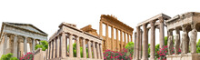 Banner With Ancient Greek Temples Isolated On White Background