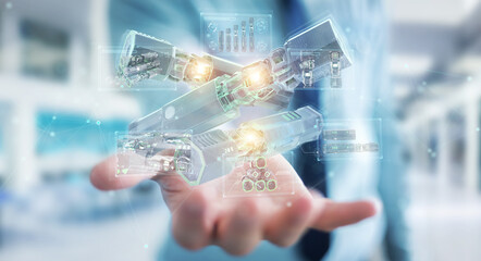 Poster - Man holding and touching green renewable energy battery 3D rendering