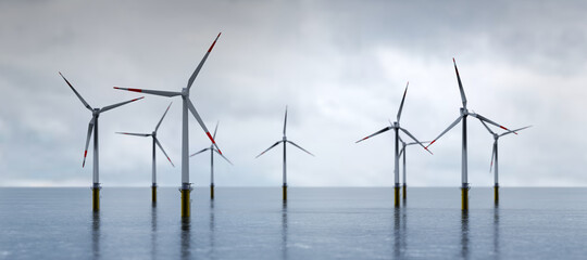 Offshore wind turbines farm on the ocean. Sustainable energy