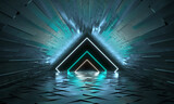 Fototapeta Perspektywa 3d - Futuristic background with neon shapes of a triangle and reflection. 3d rendering