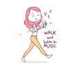 © klaiority - Vector illustration of beautiful happy girl in pants with pink hair walking and listening to music.
