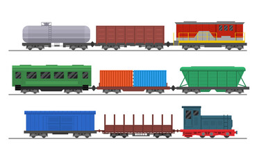 Poster - Cartoon Color Freight Train with Wagons Set. Vector