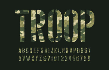 Poster - Troop alphabet font. Stencil camo letters and numbers on a dark green background. Vector typescript for your design.