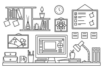 Sticker - Office Table Workspace Concept Contour Linear Style. Vector