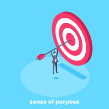 Isometric Vector Image On A Blue Background, A Man In A Business Suit Hanging On An Arrow That Sticks Out Of The Target, Sense Of Purpose