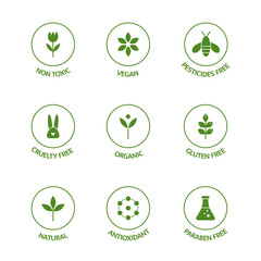 Leinwandbilder - Organic product line icons set. Allergen free badges. Organic cosmetic stickers. GMO free emblems. Dietary food. Natural products. Healthy eating. Vegan, bio food. Vector illustration