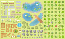 Set Of Park Elements. (Top View) Collection For Landscape Design, Plan, Maps. (View From Above)