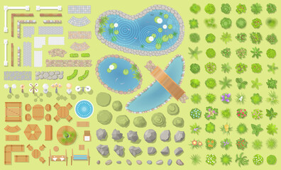 Set of park elements. (Top view) Collection for landscape design, plan, maps. (View from above)