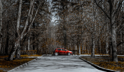 The red car is standing alone in the Park. Stop during a trip to nature in late autumn.