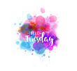 Watercolor imitation splash background with Hello Tuesday text. Hand written modern calligraphy text.