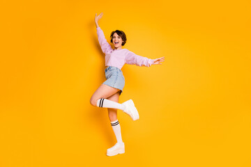 Poster - Full length body size view of her she nice attractive lovely pretty glad positive slender cheerful cheery girl dancing having fun time isolated on bright vivid shine vibrant yellow color background