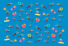People Family And Children In Sea, Pool Or Ocean Performing Activities. Men Or Women Swimming In Swimwear, Diving, Surfing, Lying On Floating Air Mattress, Playing Ball. Cartoon Vector
