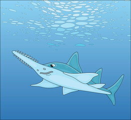 Wall Mural - Large sinister marine largetooth sawfish swimming in blue water of a tropical sea, vector cartoon illustration