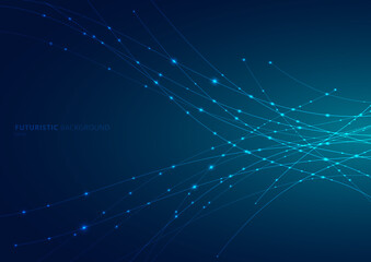 Poster - abstract blue laser line curved with sparkle lighting on dark blue space background. digital technol