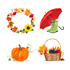 Wall Mural - Autumn border with sunflower, berries and leaves. Vector frame